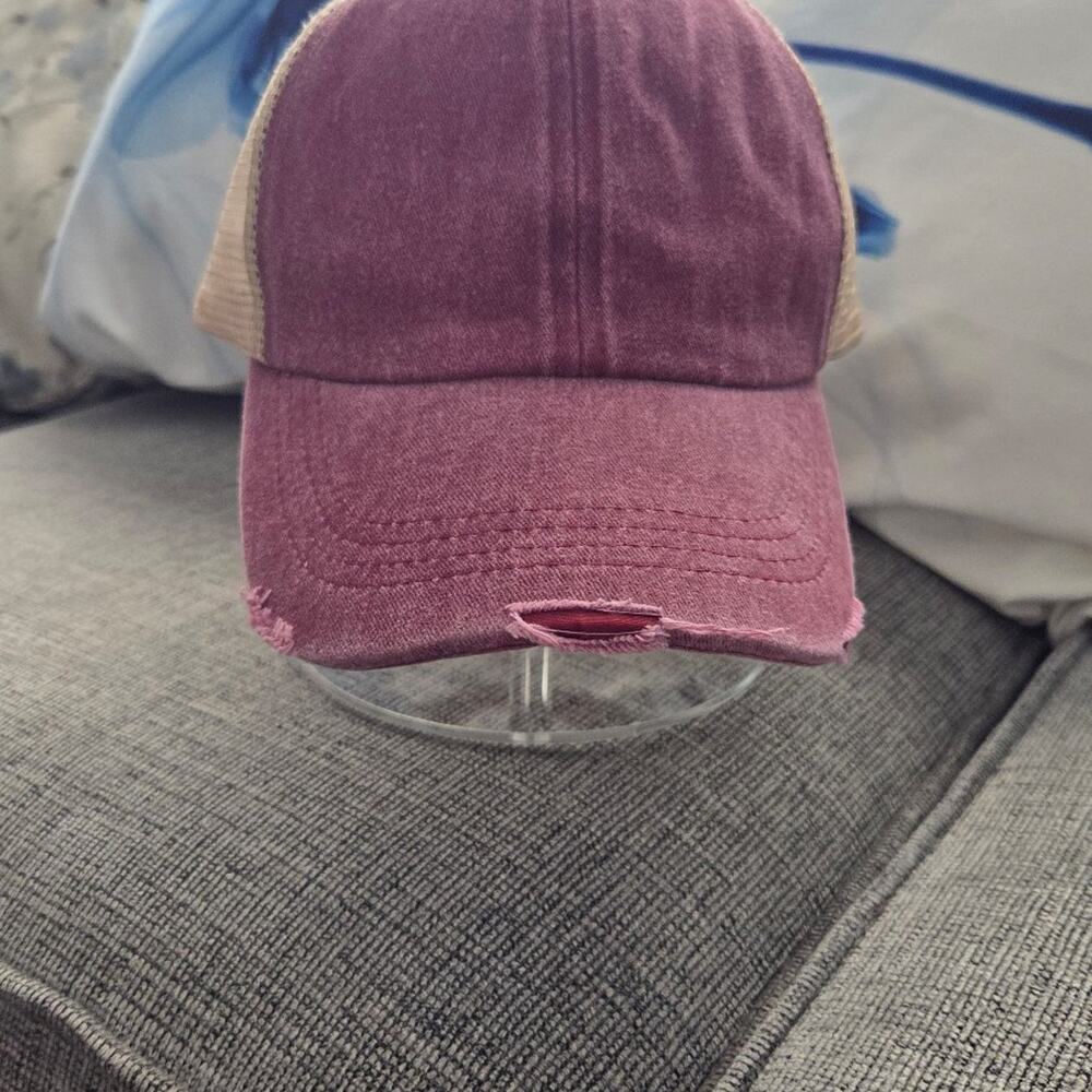 Free People Washed Maroon Distressed Trucker Hat Beige Mesh Adjustable NWT